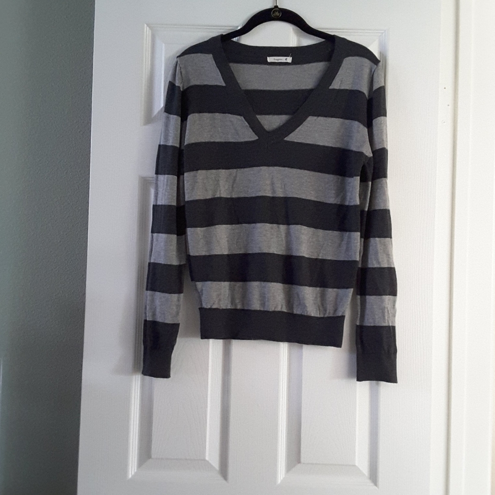 Striped gray and black pullover sweater